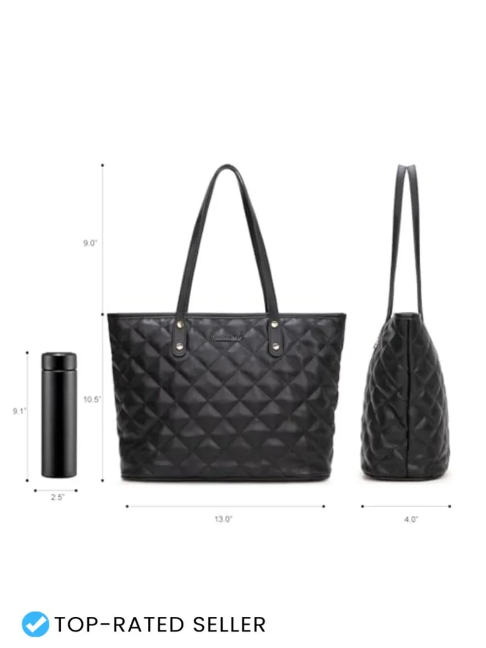 Quilted Vegan Leather Tote Bag with Top Zipper Shoulder Handbag